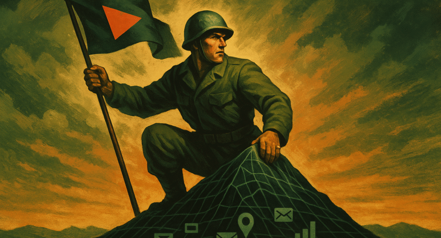 Estratega digital plantando bandera en la cima de una montaña táctica