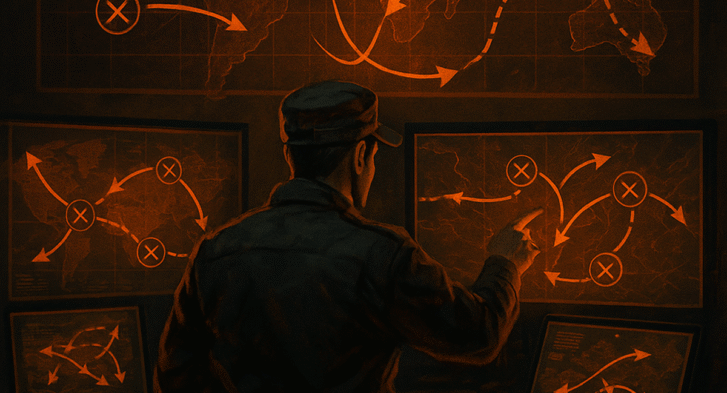 Estrategas digitales sincronizando varios frentes de batalla virtual, con múltiples pantallas y mapas tácticos conectados entre sí. Fondo de un centro de comando con líneas y flechas que conectan puntos de ataque