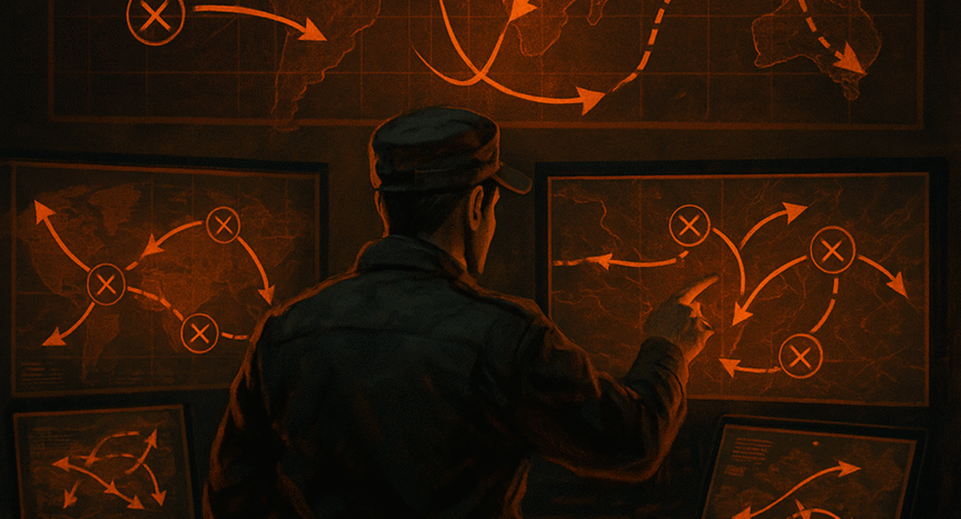 Estrategas digitales sincronizando varios frentes de batalla virtual, con múltiples pantallas y mapas tácticos conectados entre sí. Fondo de un centro de comando con líneas y flechas que conectan puntos de ataque