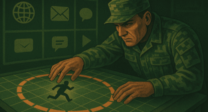 Estratega MDG cercando digitalmente a un enemigo, bloqueando todos sus canales de acción.