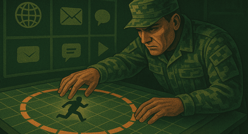 Estratega MDG cercando digitalmente a un enemigo, bloqueando todos sus canales de acción.