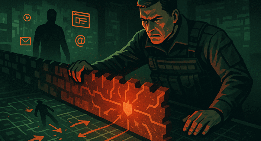 Estratega MDG cortando el paso digital del enemigo con un muro de contención.