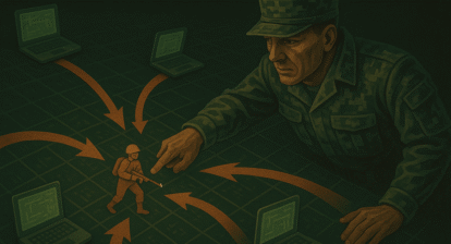 Estratega MDG dirigiendo un grupo ágil que ataca y se repliega rápidamente en el terreno digital.
