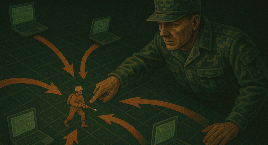 Estratega MDG dirigiendo un grupo ágil que ataca y se repliega rápidamente en el terreno digital.
