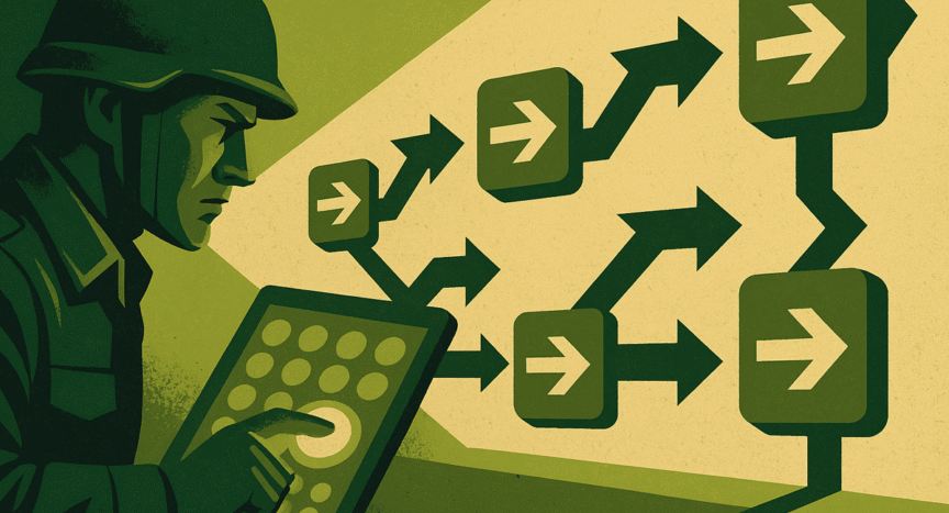 Estratega MDG activando una serie de operaciones digitales conectadas que avanzan de forma consecutiva