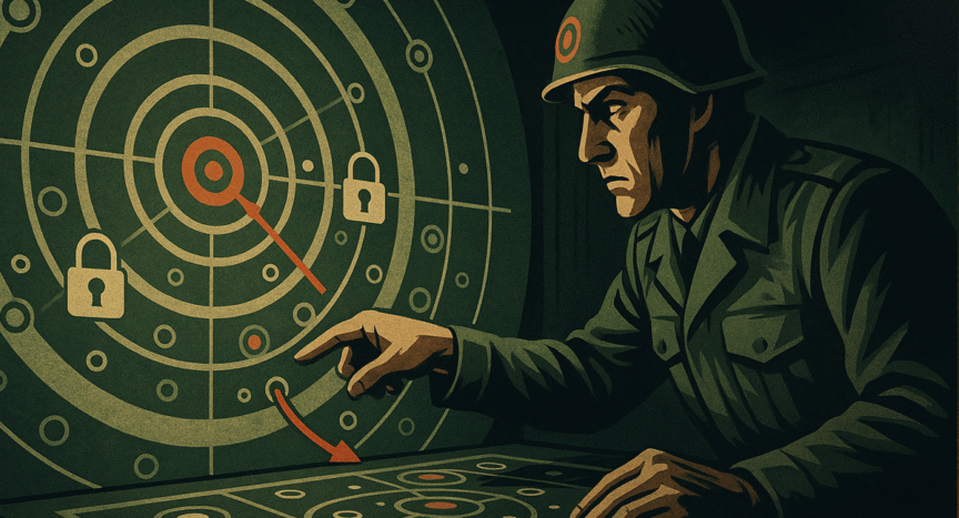 Estratega digital inspeccionando capas concéntricas de defensa en un mapa táctico