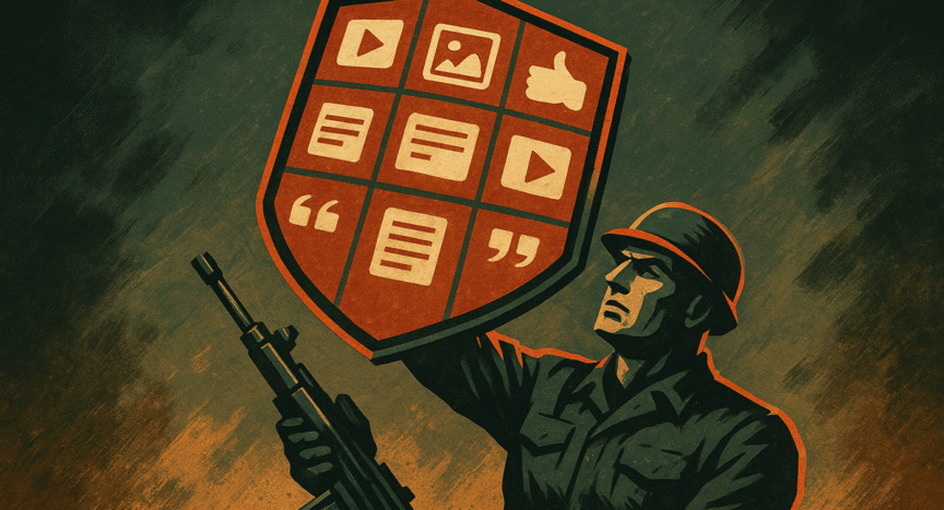 Estratega digital levantando un escudo formado por piezas de contenido