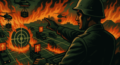 Estratega digital coordinando la extracción de recursos desde un territorio virtual en llamas