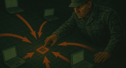 Estratega MDG dirigiendo ataques digitales desde varios puntos de origen hacia un objetivo común.