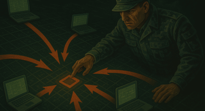 Estratega MDG dirigiendo ataques digitales desde varios puntos de origen hacia un objetivo común.