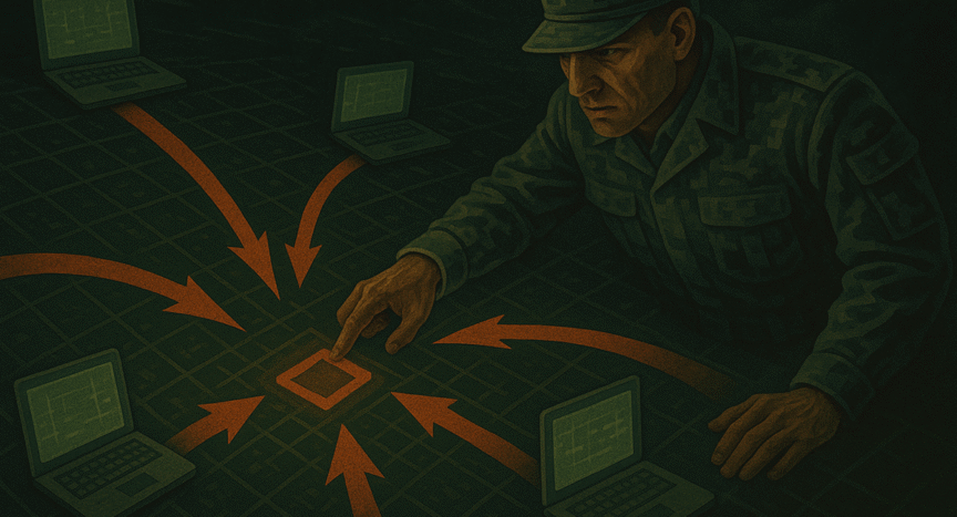 Estratega MDG dirigiendo ataques digitales desde varios puntos de origen hacia un objetivo común.
