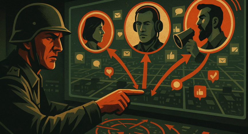 Estratega digital coordinando líderes de opinión en una operación de influencia