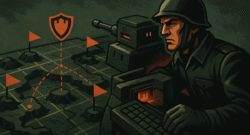 Estratega digital defendiendo un puesto fortificado en un mapa táctico