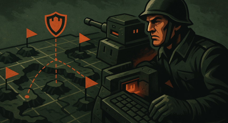 Estratega digital defendiendo un puesto fortificado en un mapa táctico