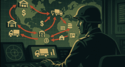 Estratega digital supervisando un mapa de rutas de suministro y almacenamiento