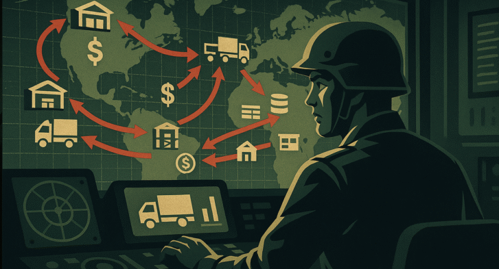 Estratega digital supervisando un mapa de rutas de suministro y almacenamiento