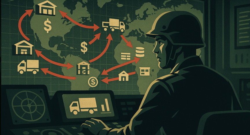 Estratega digital supervisando un mapa de rutas de suministro y almacenamiento