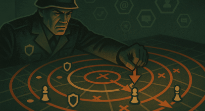 Estratega digital supervisando capas concéntricas de defensa y ataque en un mapa