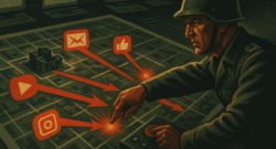 Estratega digital lanzando un ataque coordinado en un mapa táctico en cuestión de segundos