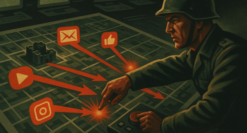 Estratega digital lanzando un ataque coordinado en un mapa táctico en cuestión de segundos