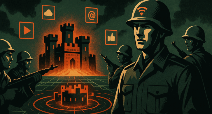 Estratega digital rodeado de aliados protegiendo una fortaleza virtual