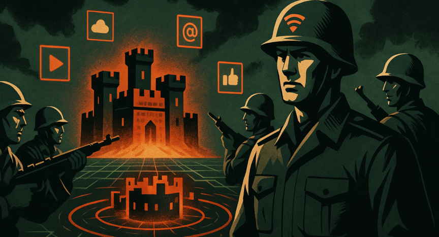 Estratega digital rodeado de aliados protegiendo una fortaleza virtual