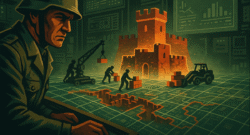 Estratega digital supervisando la reconstrucción acelerada de un bastión virtual dañado