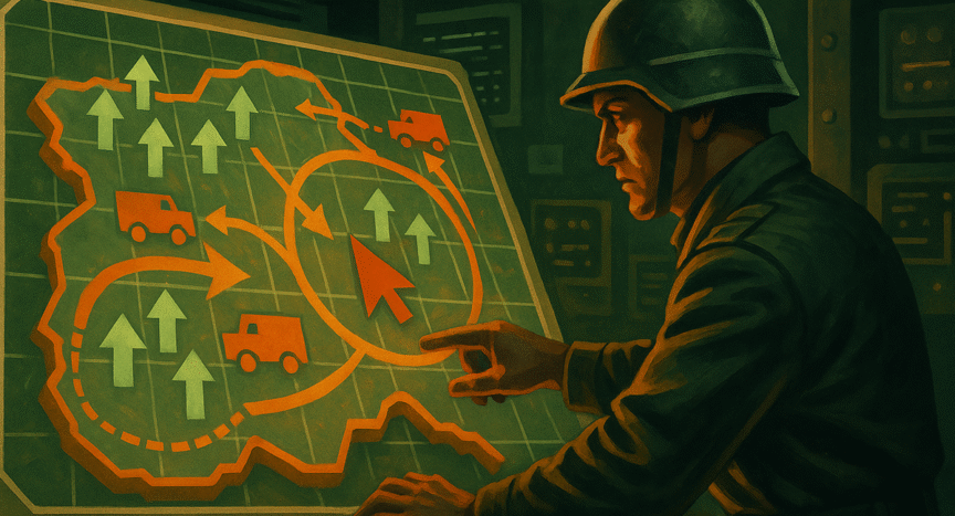 Estratega digital reasignando tropas y suministros en un mapa táctico virtual