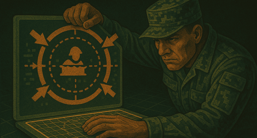 Estratega MDG controlando el cerco digital sobre un objetivo, con líneas de suministro bloqueadas.